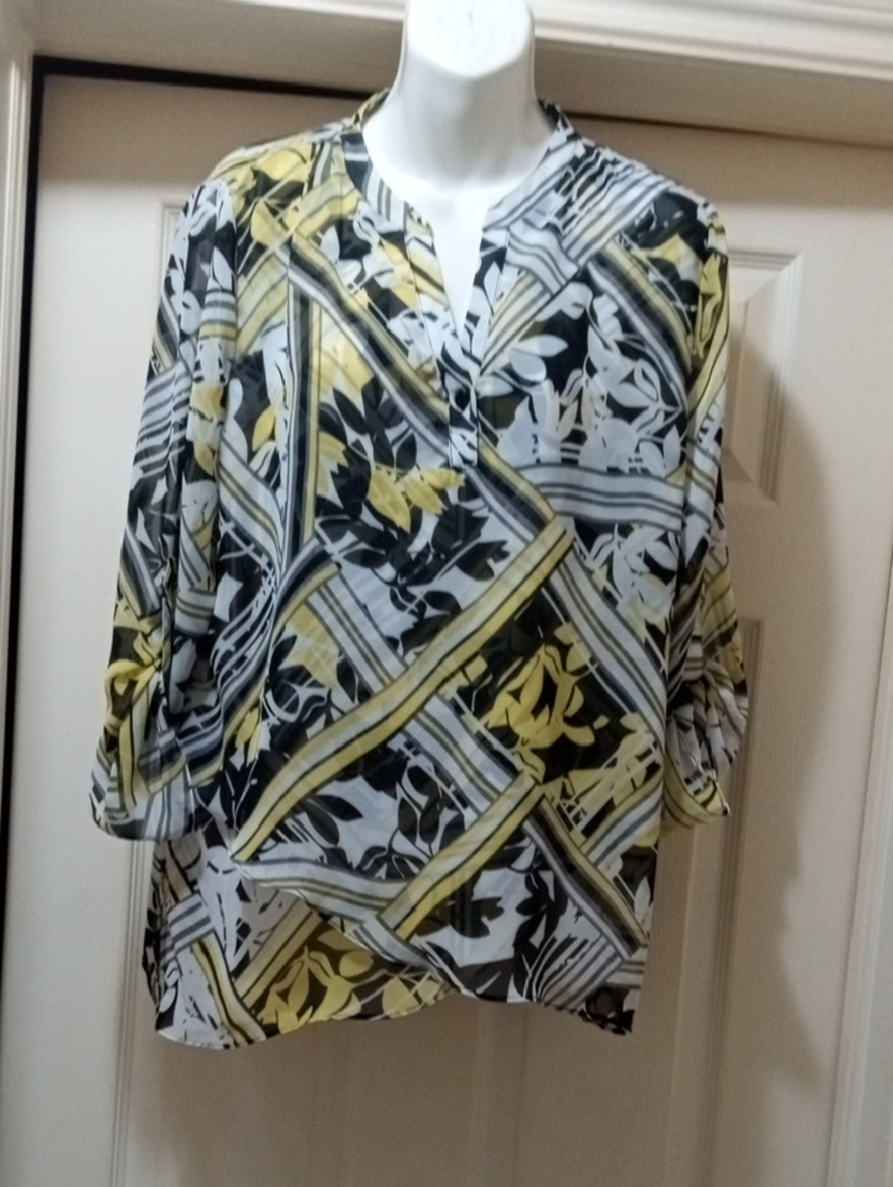 💲1⃣▶▶TanJay Black White & Yellow Patterned Women's Tunic Blouse